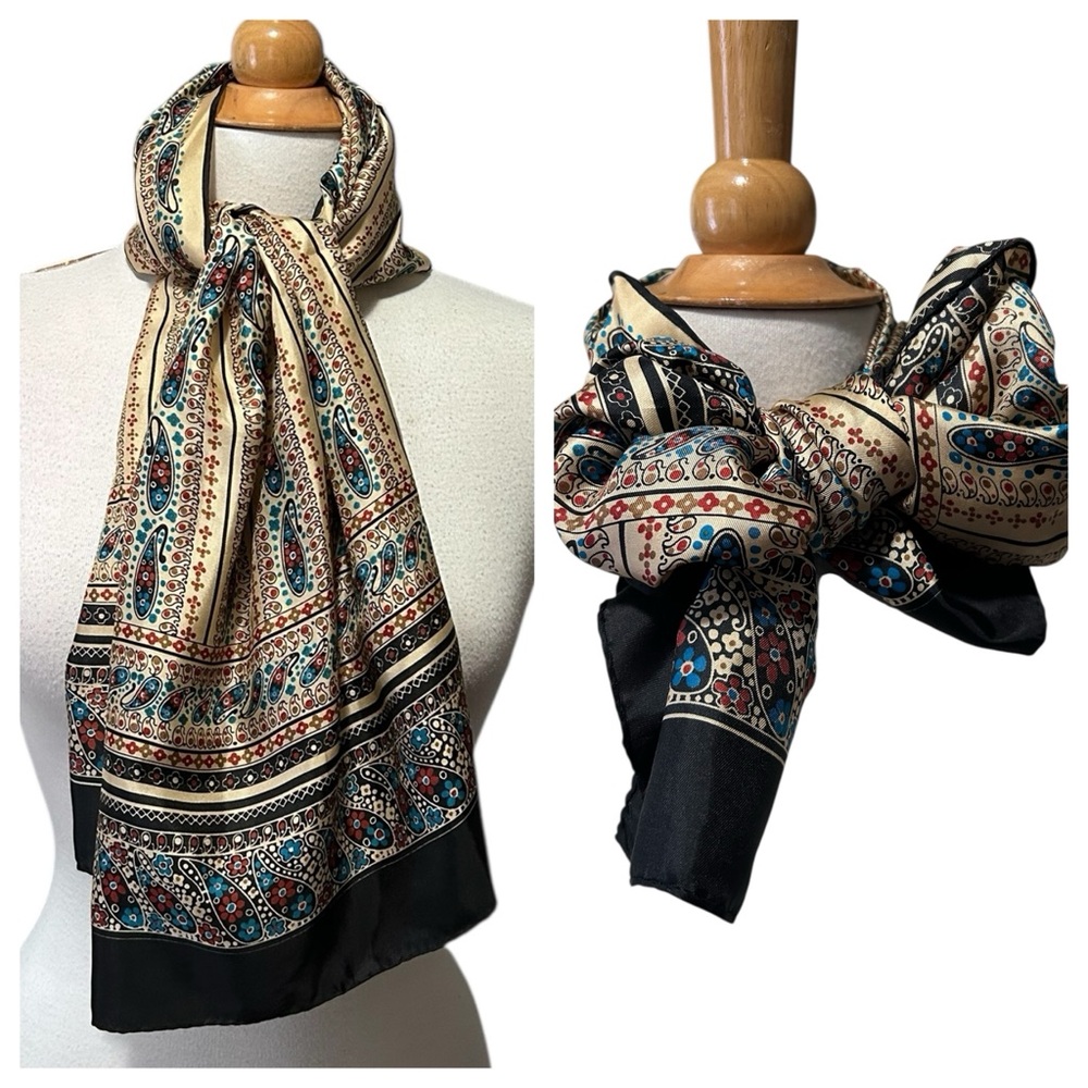 Vintage ECHO Paisley Tan Black Blue Rectangular Scarf